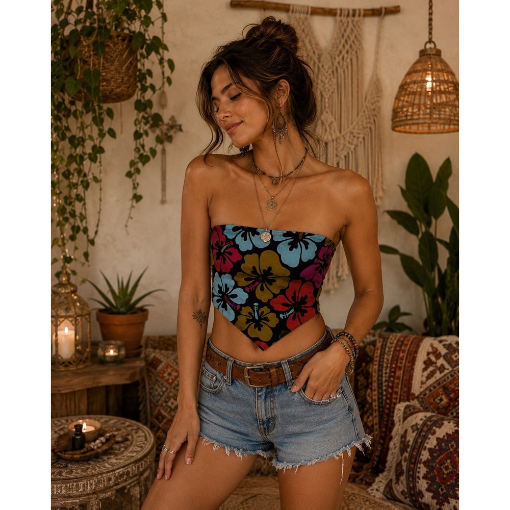 Rip Curl Womens XS Tropical Hibiscus Floral Handkerchief Hem Smocked Tube Top